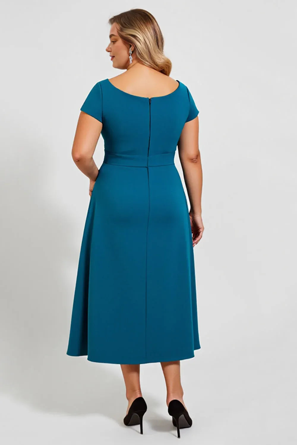 Simple A Line Square Neck Short Sleeves Back Zip Tea-Length Plus Size Mother of the Bride Dress