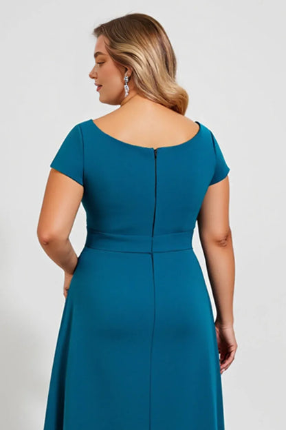 Simple A Line Square Neck Short Sleeves Back Zip Tea-Length Plus Size Mother of the Bride Dress