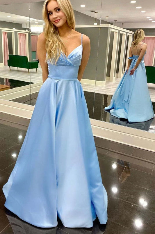 Simple A Line V Neck Sleeveless Open Back Floor-Length Prom Dress