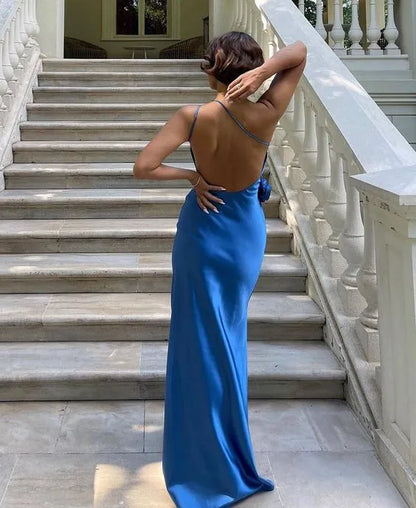 Simple A line One Shoulder Sleeveless Satin Floor-Length Prom Dress