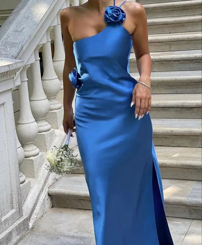 Simple A line One Shoulder Sleeveless Satin Floor-Length Prom Dress