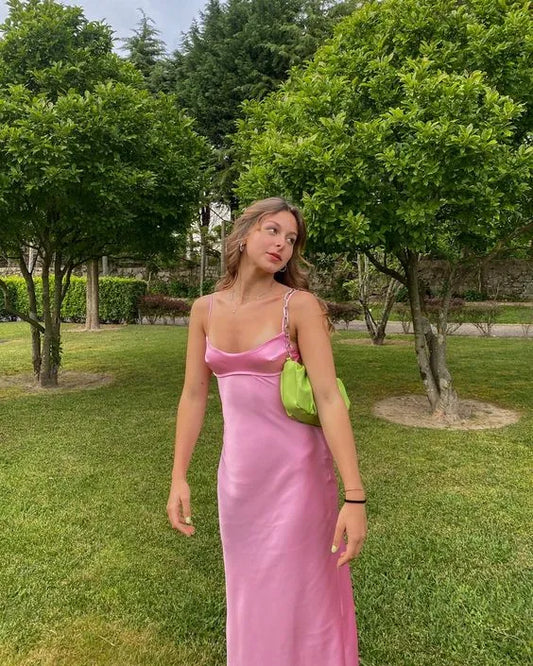 Simple A line Spaghetti Straps Sleeveless Satin Floor-Length Prom Dress