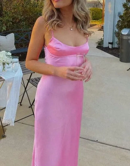 Simple A line Spaghetti Straps Sleeveless Satin Floor-Length Prom Dress