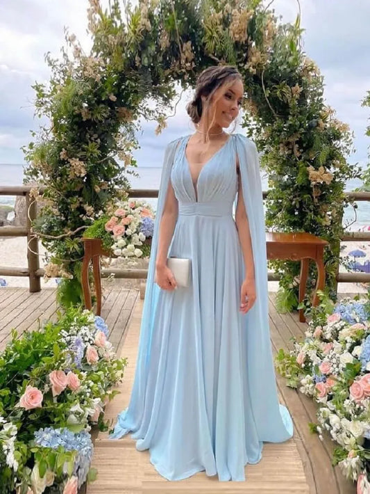 Simple A line V Neck Sleeveless Chiffon Backless Sweep/Brush Train Prom Dress