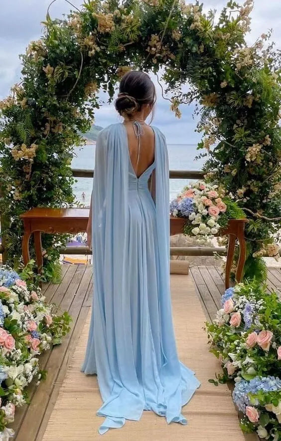 Simple A line V Neck Sleeveless Chiffon Backless Sweep/Brush Train Prom Dress