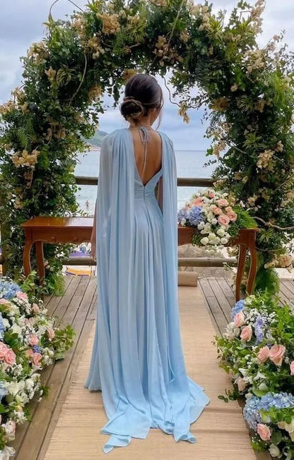 Simple A line V Neck Sleeveless Chiffon Backless Sweep/Brush Train Prom Dress