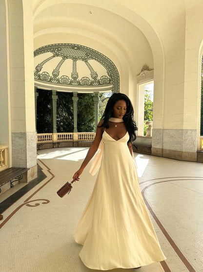 Simple Ball Gown V-neck Sleeveless Satin Solid Color  Floor-Length Prom Dress