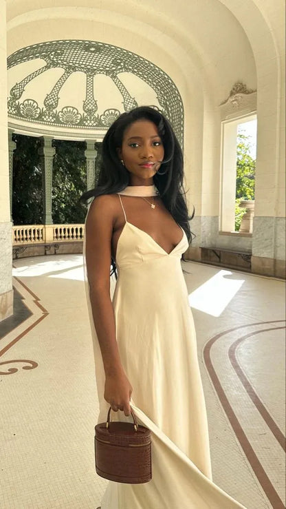 Simple Ball Gown V-neck Sleeveless Satin Solid Color  Floor-Length Prom Dress