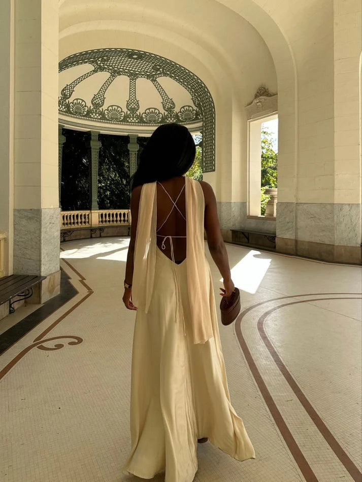 Simple Ball Gown V-neck Sleeveless Satin Solid Color  Floor-Length Prom Dress