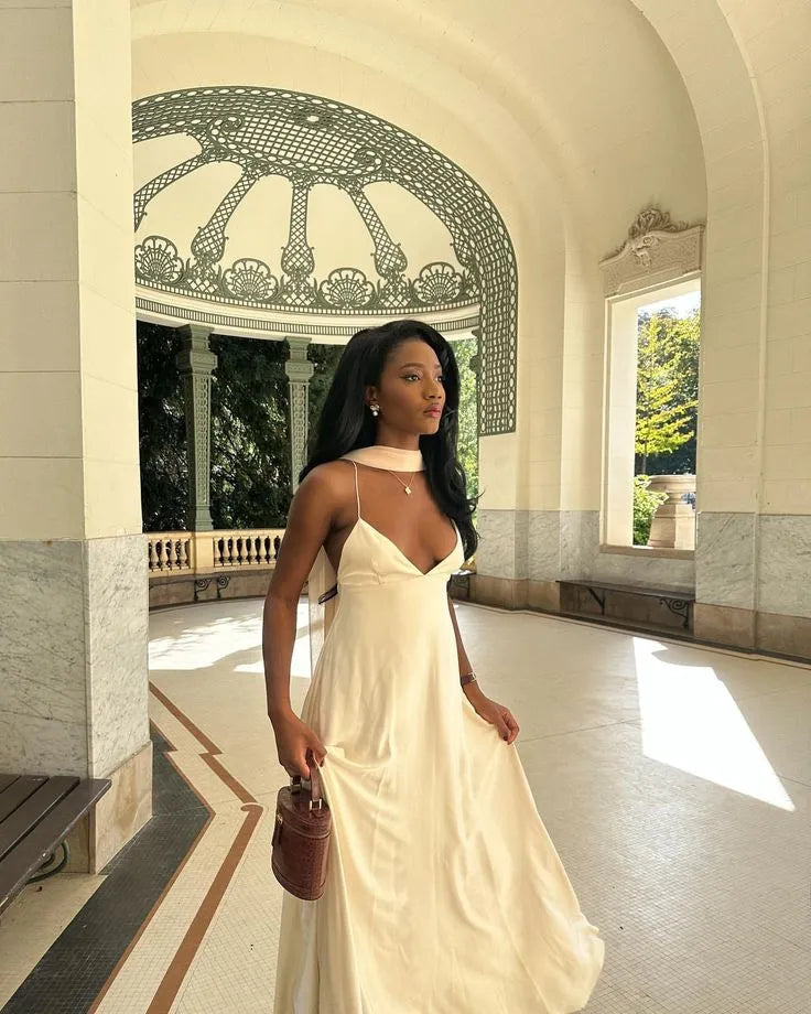 Simple Ball Gown V-neck Sleeveless Satin Solid Color  Floor-Length Prom Dress