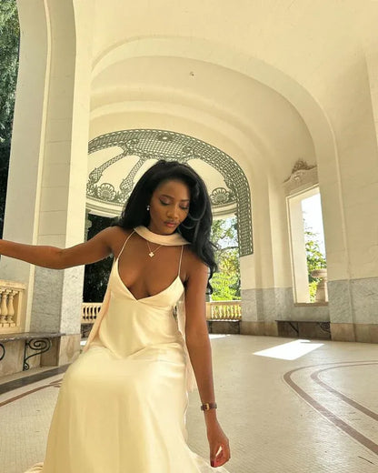 Simple Ball Gown V-neck Sleeveless Satin Solid Color  Floor-Length Prom Dress