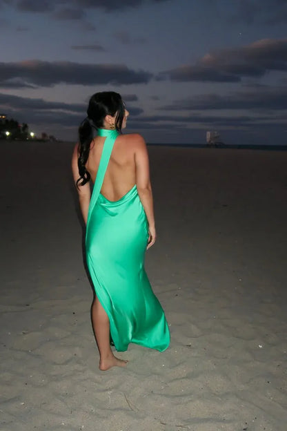 Simple Bodycon Halter Neck Sleeveless Backless Satin Floor-Length Prom Dress