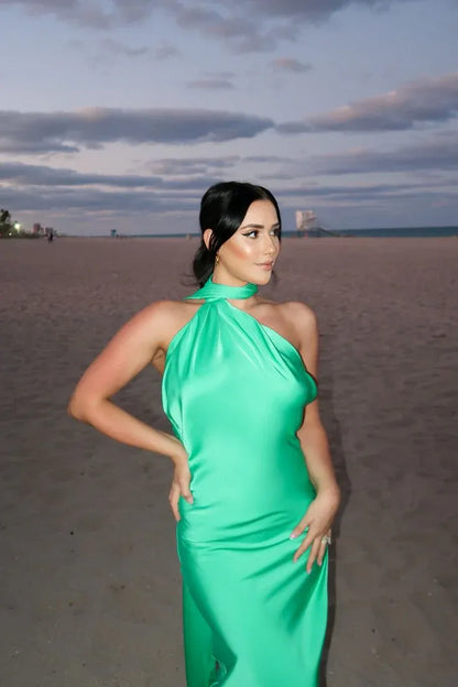 Simple Bodycon Halter Neck Sleeveless Backless Satin Floor-Length Prom Dress