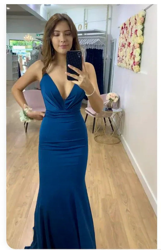Simple Bodycon V Neck Sleeveless Pleated Satin Floor-Length Prom Dress