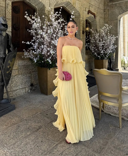 Simple Column Strapless Sleeveless Pleated Chiffon Floor-Length Prom Dress