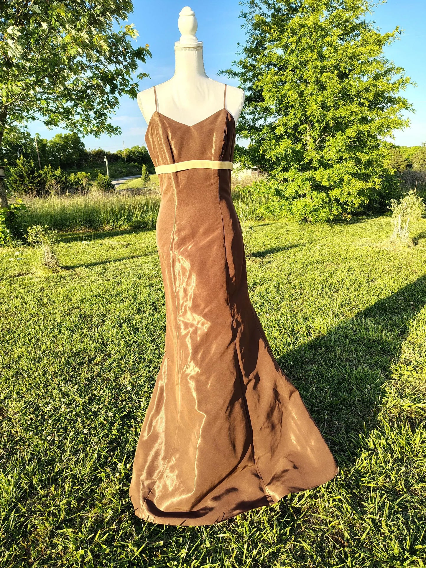 Simple Elegant Mermaid Spaghetti-Strap Bow Brown Floor-Length Prom Dress