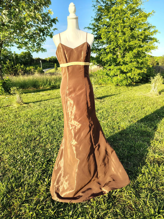 Simple Elegant Mermaid Spaghetti-Strap Bow Brown Floor-Length Prom Dress