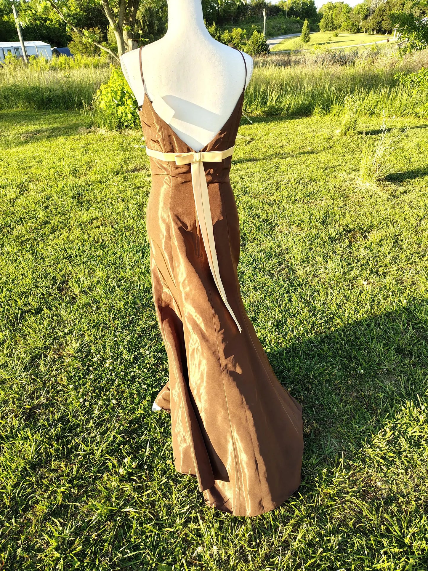 Simple Elegant Mermaid Spaghetti-Strap Bow Brown Floor-Length Prom Dress