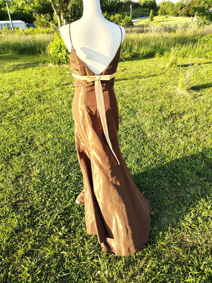 Simple Elegant Mermaid Spaghetti-Strap Bow Brown Floor-Length Prom Dress