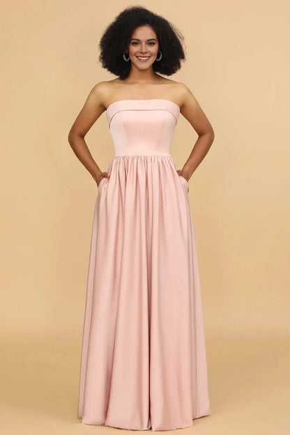 Simple Fashion A-Line Strapless Sleeveless Back Zip Floor-Length Bridesmaid Dress for women