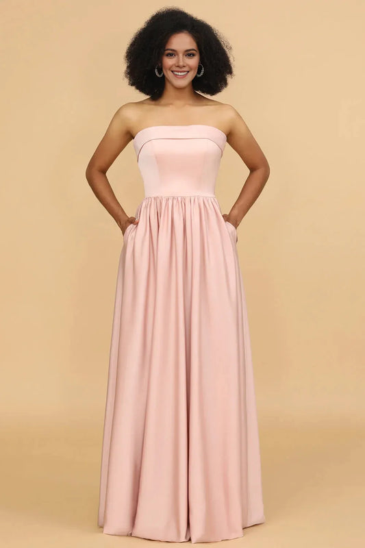 Simple Fashion A-Line Strapless Sleeveless Back Zip Floor-Length Bridesmaid Dress for women