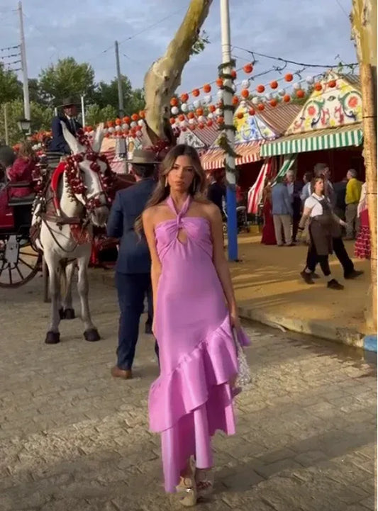 Simple Fitted Halter Neck Sleeveless Satin Layered Floor-Length Evening Dress