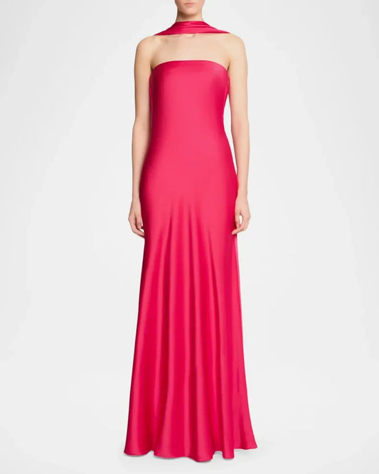 Simple Fitted Off the Shoulder Sleeveless Satin Solid Color Floor-Length Prom Dress