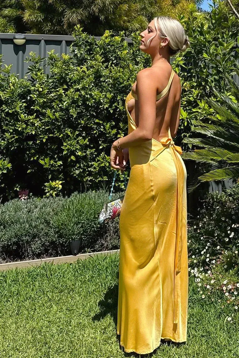 Simple Fitted One Shoulder Sleeveless Satin Pleated Floor-Length Prom Dress