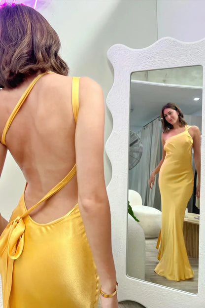 Simple Fitted One Shoulder Sleeveless Satin Pleated Floor-Length Prom Dress