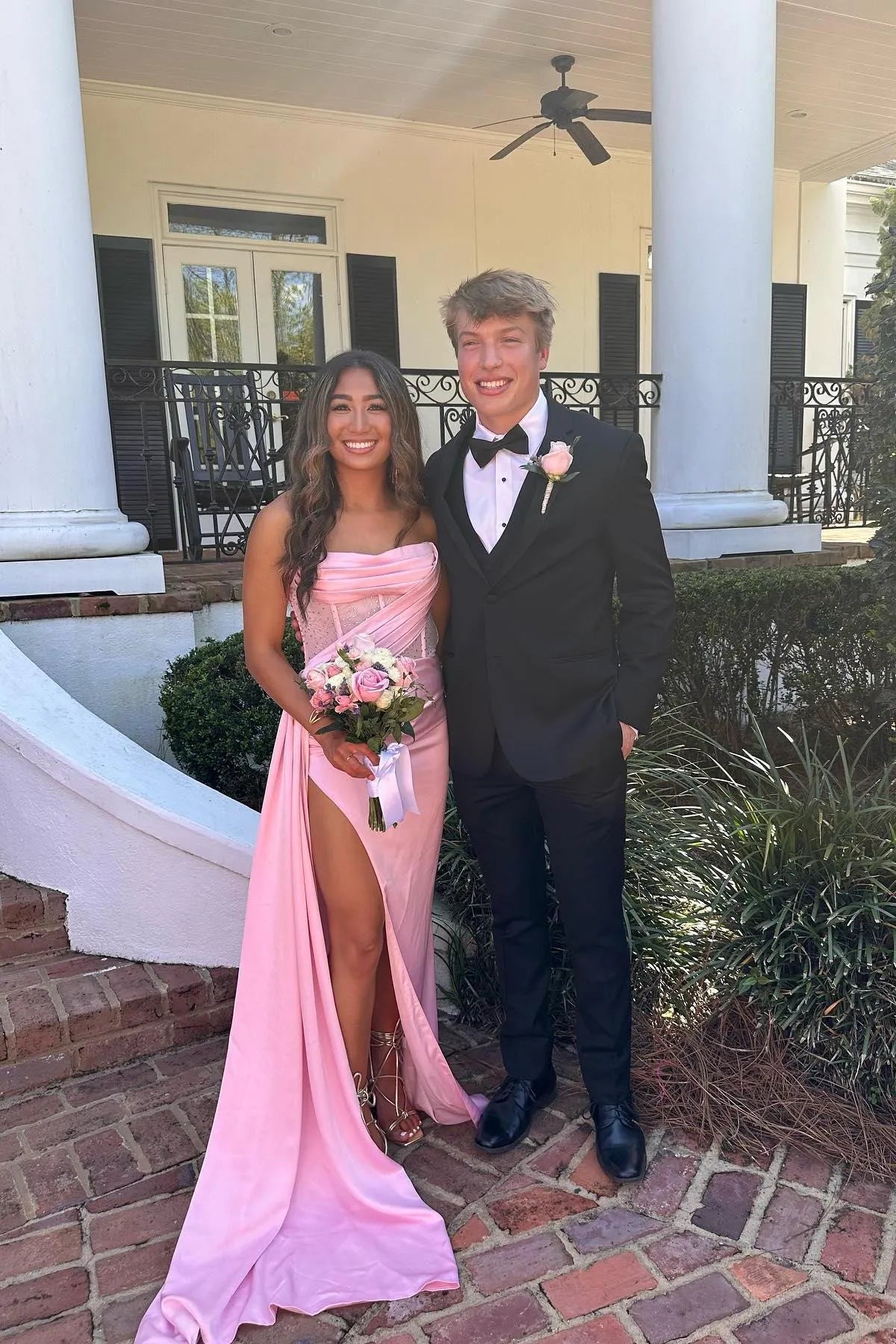 Simple Fitted Strapless Sleeveless Slit Satin Ruched Floor-Length Prom Dress