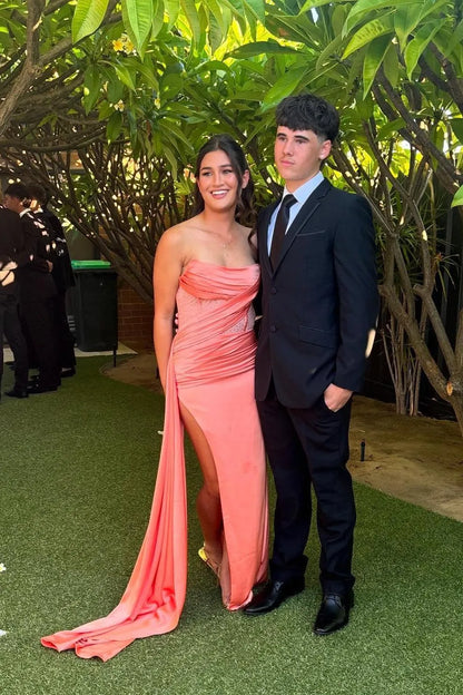 Simple Fitted Strapless Sleeveless Slit Satin Ruched Floor-Length Prom Dress