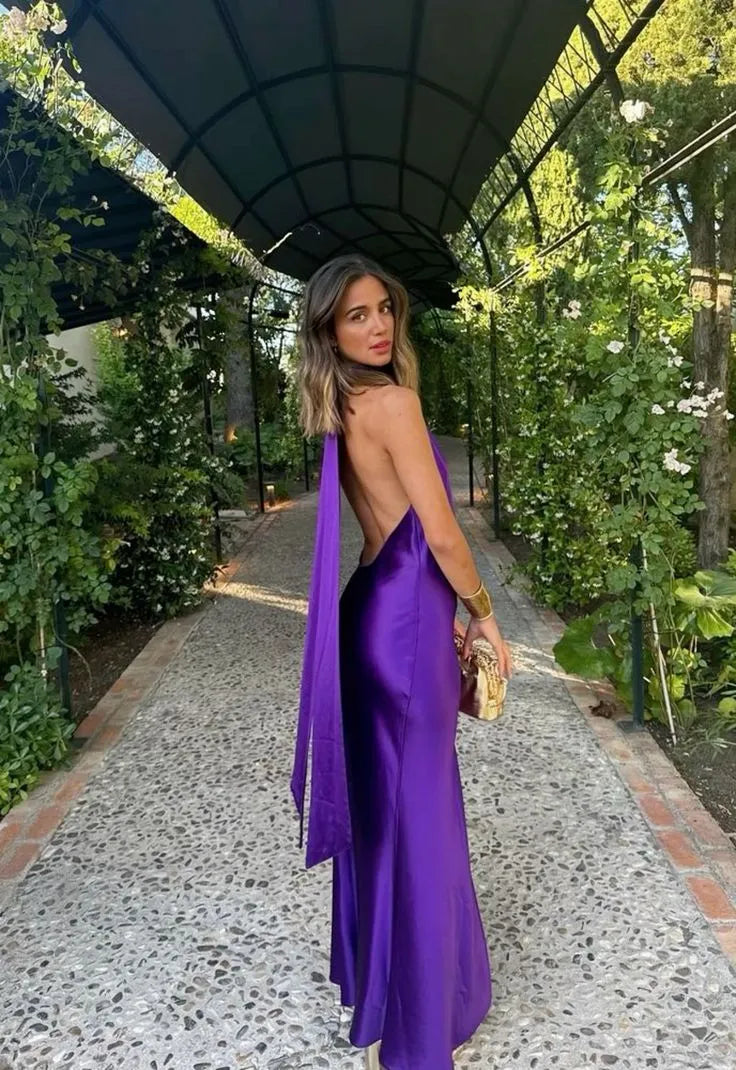 Simple Mermaid Halter Neck Sleeveless Backless Satin Floor-Length Prom Dress