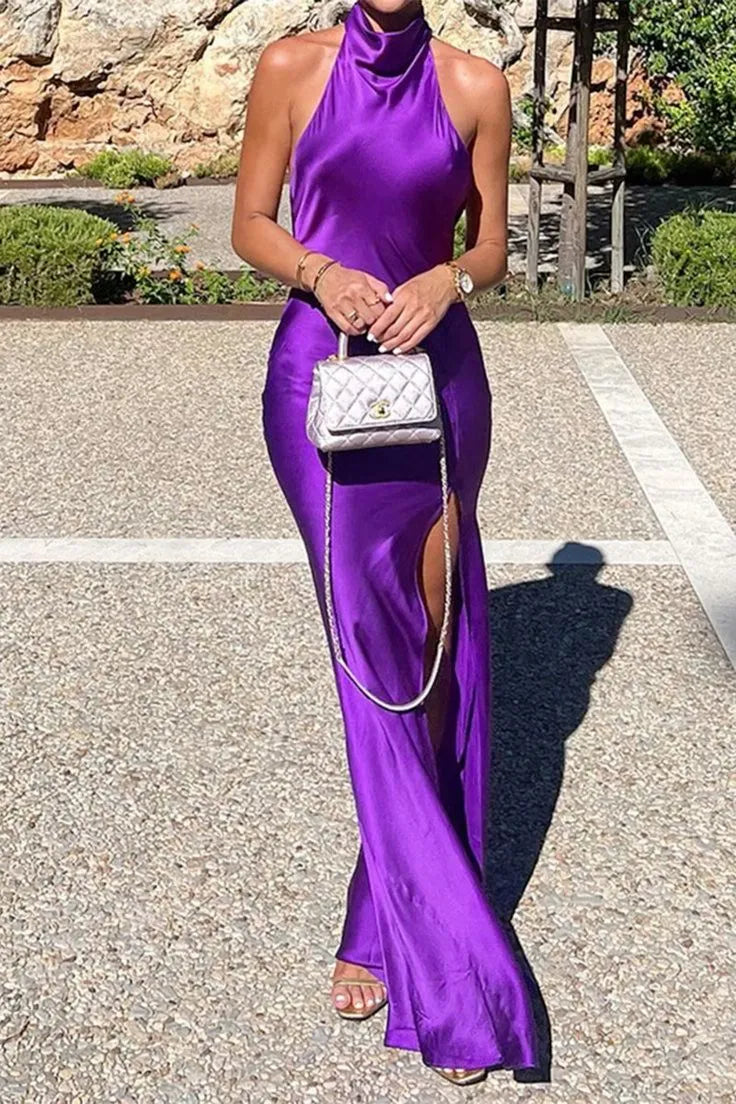 Simple Mermaid Halter Neck Sleeveless Backless Satin Floor-Length Prom Dress