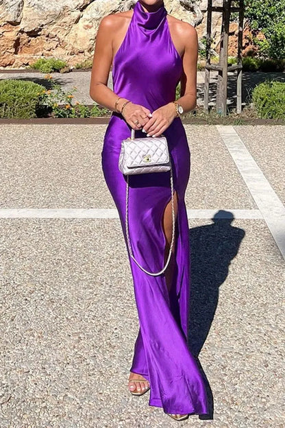 Simple Mermaid Halter Neck Sleeveless Backless Satin Floor-Length Prom Dress
