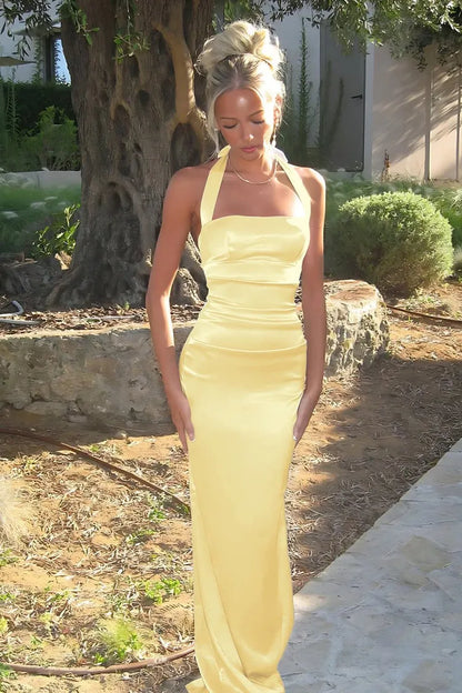 Simple Mermaid Halter Neck Sleeveless Satin Pleated Floor-Length Prom Dress