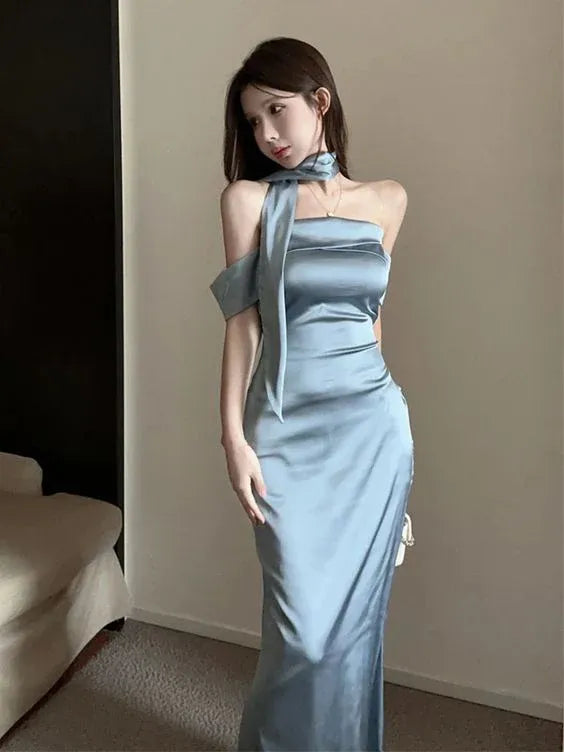 Simple Mermaid Off the Shoulder Sleeveless Pleated Satin Floor-Length Evening Dress