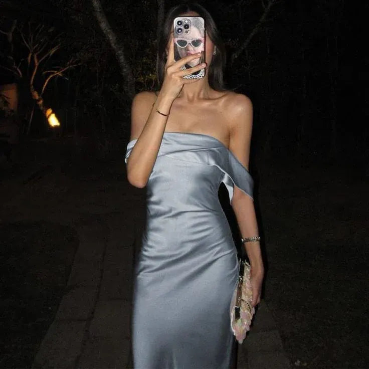 Simple Mermaid Off the Shoulder Sleeveless Pleated Satin Floor-Length Evening Dress
