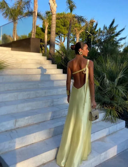 Simple Mermaid One Shoulder Sleeveless Pleated Satin Floor-Length Prom Dress