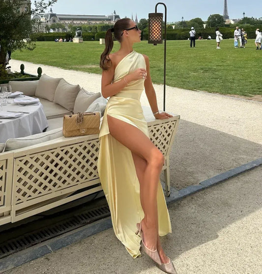 Simple Mermaid One Shoulder Sleeveless Slit Satin Floor-Length Prom Dress
