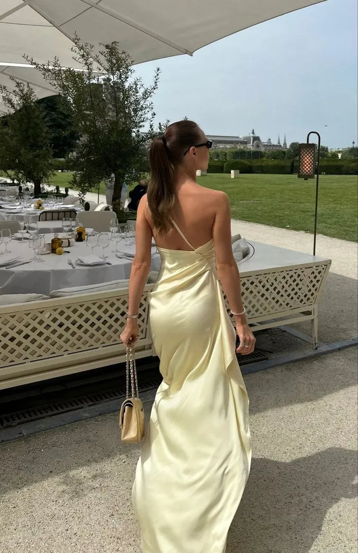 Simple Mermaid One Shoulder Sleeveless Slit Satin Floor-Length Prom Dress