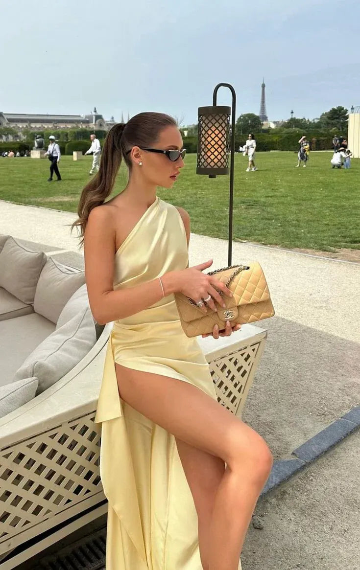 Simple Mermaid One Shoulder Sleeveless Slit Satin Floor-Length Prom Dress