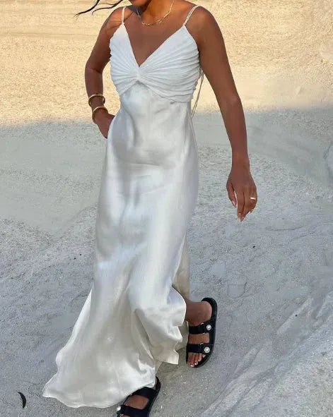 Simple Mermaid Spaghetti Straps Sleeveless Pleated Satin Floor-Length Prom Dress
