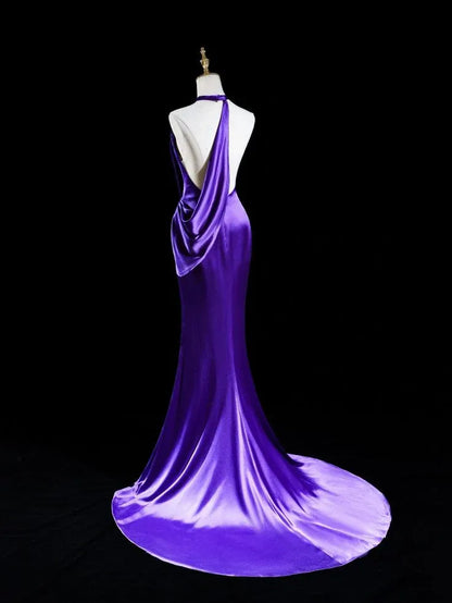 Simple Mermaid/Trumpet Halter Neck Sleeveless Pleated Satin Floor-Length Prom Dress