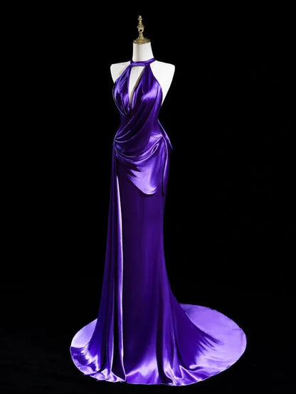 Simple Mermaid/Trumpet Halter Neck Sleeveless Pleated Satin Floor-Length Prom Dress