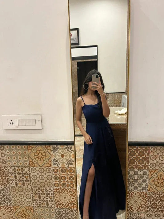 Simple Off the Shoulder Sleeveless Mermaid Slit Satin Long Prom Dress