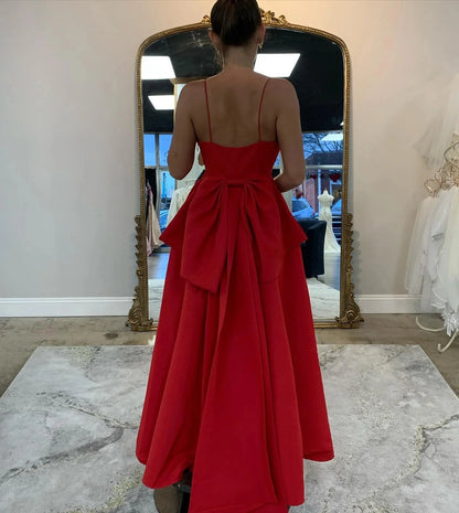 Simple Red Mid Length Wedding Guest Dress V Neck with Bow Back