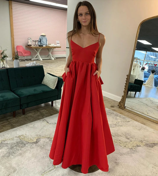 Simple Red Mid Length Wedding Guest Dress V Neck with Bow Back