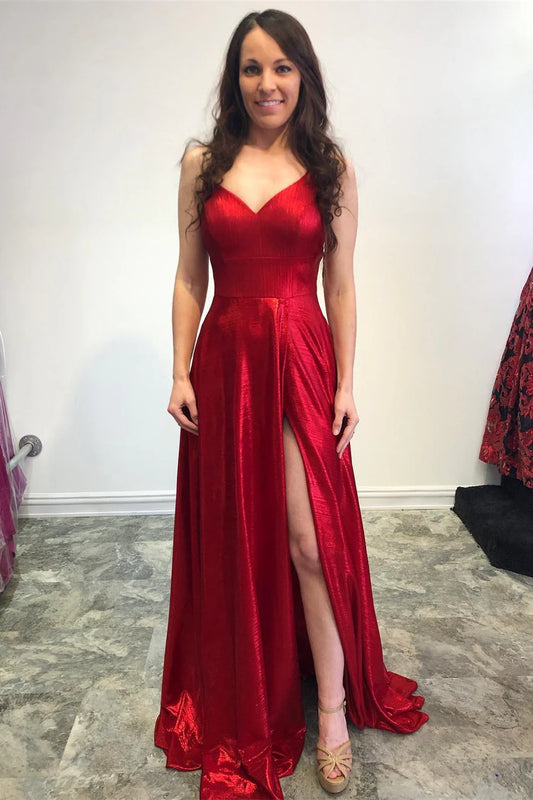 Simple Red Prom Dress - Side Slit Lace-Up Back/Formal Women's Dresses