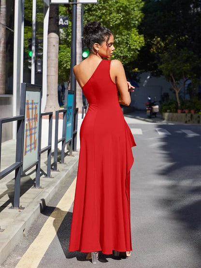 Simple SheathColumn One Shoulder Sleeveless Backless Ankle-Length Side Slit prom dress for women