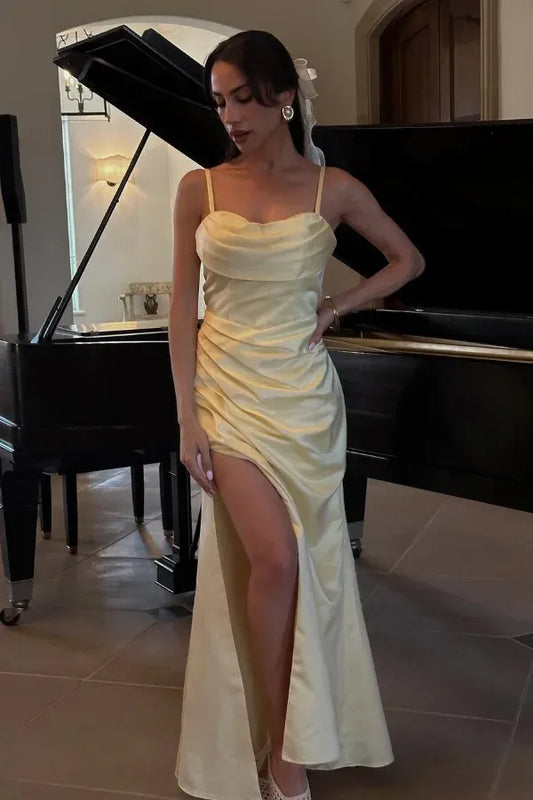 Simple Sheath/Column Spaghetti Strap Sleeveless Satin Floor-Length Prom Dress